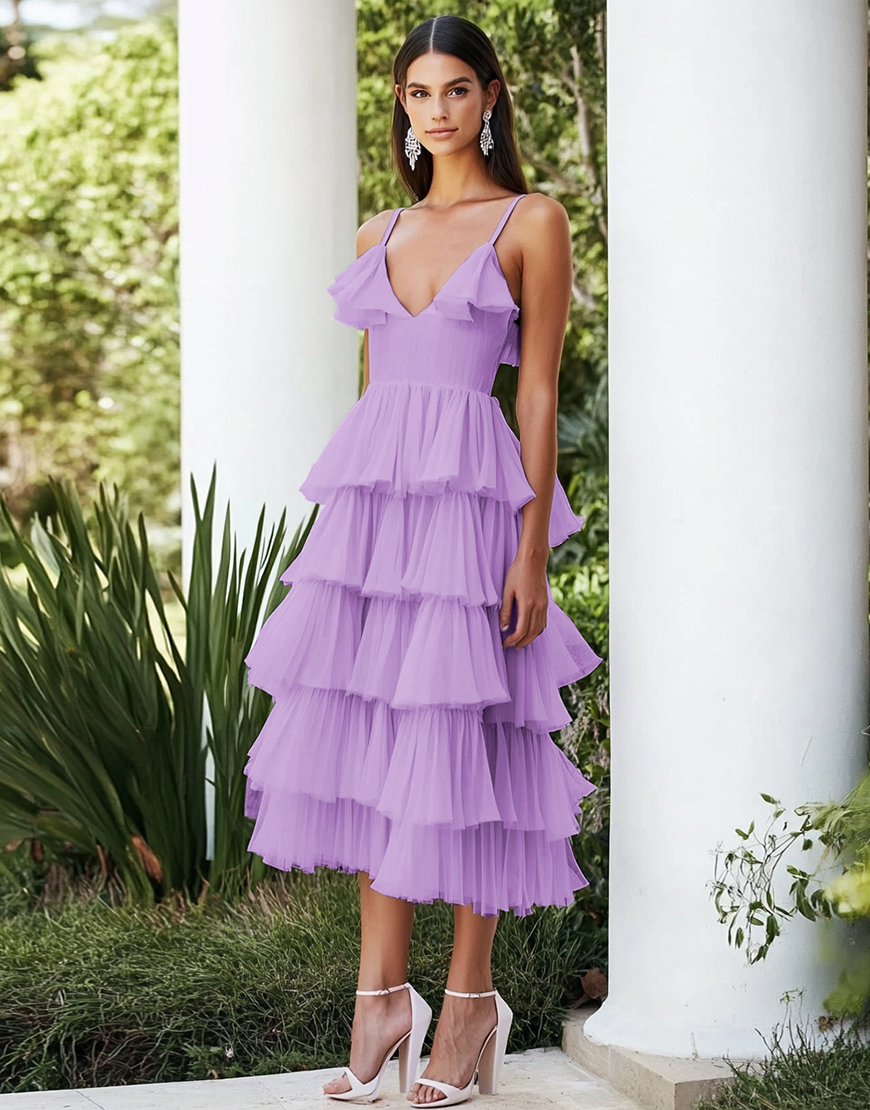 Lilac Chiffon V-Neck Tiered Mid-Calf Wedding Guest Dress