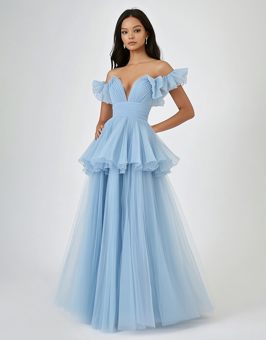 Sky Blue Off the Shoulder Tulle Tiered Long Wedding Guest Dress with Ruffles