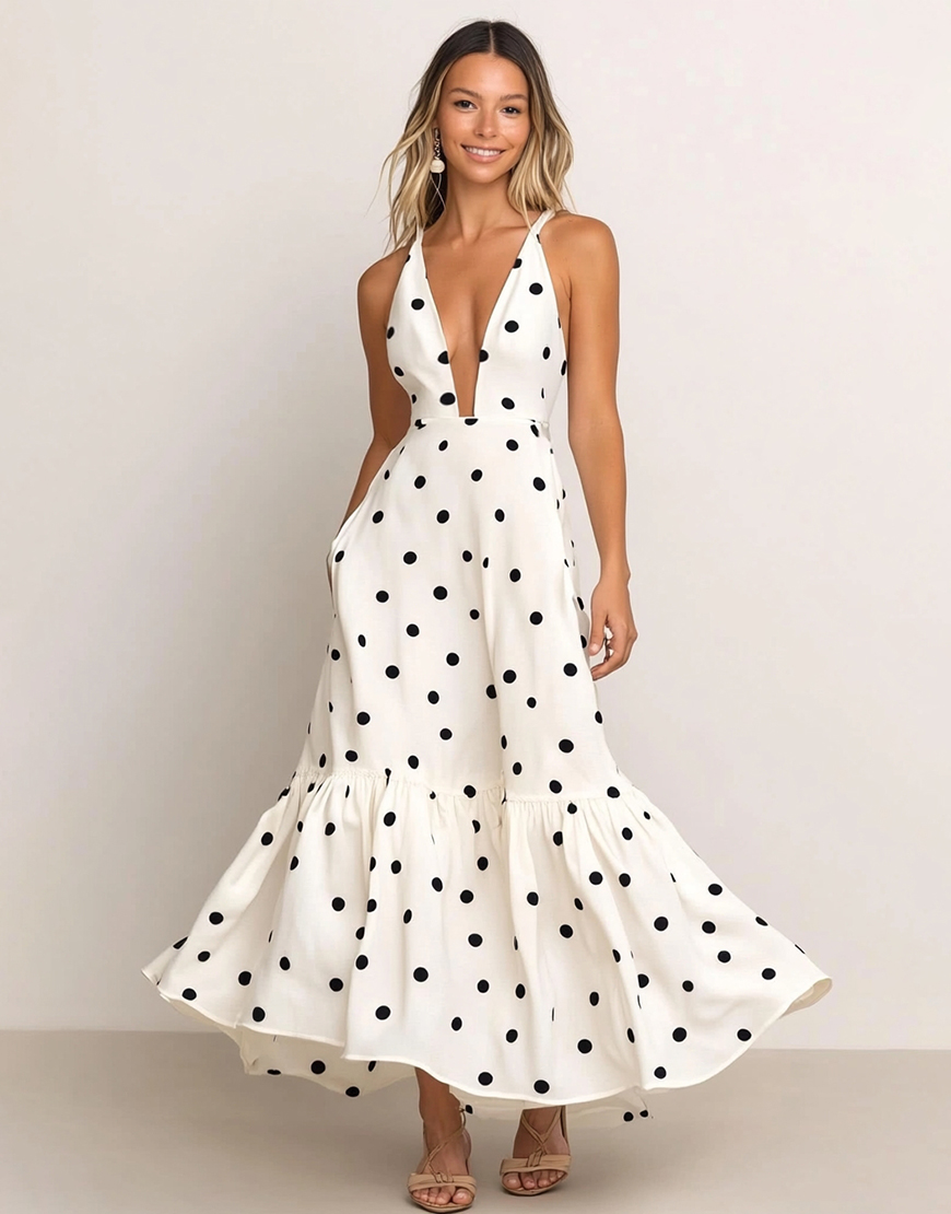 White Black Dot Deep V-Neck Satin Long Wedding Guest Dress