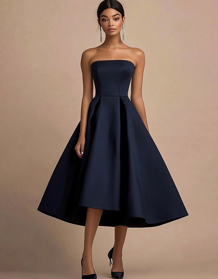 Navy Satin A Line Strapless Mid-Calf Wedding Guest Dress