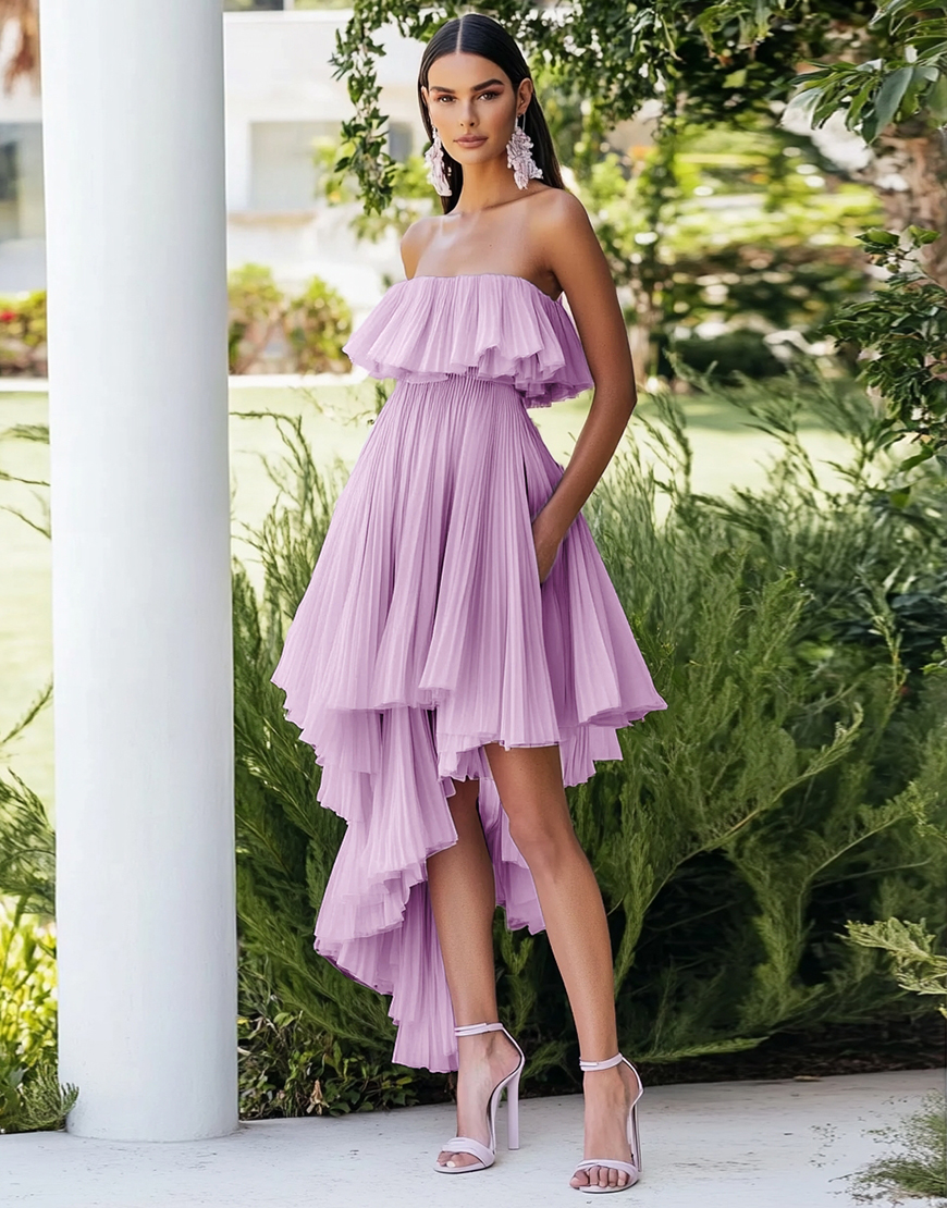 Lilac Pleated Chiffon Asymmetrical Wedding Guest Dress