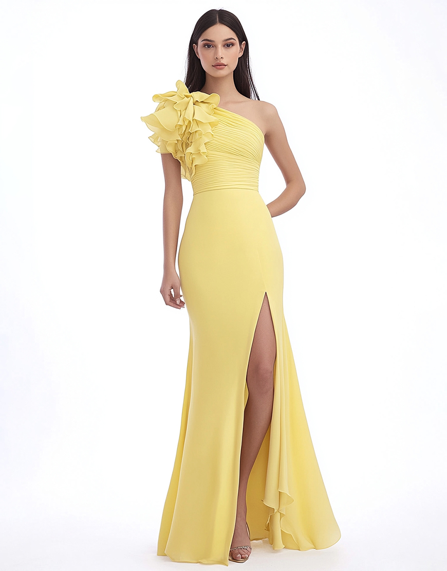 Daffodil Chiffon Mermaid Ruffled Long Wedding Guest Dress with Slit
