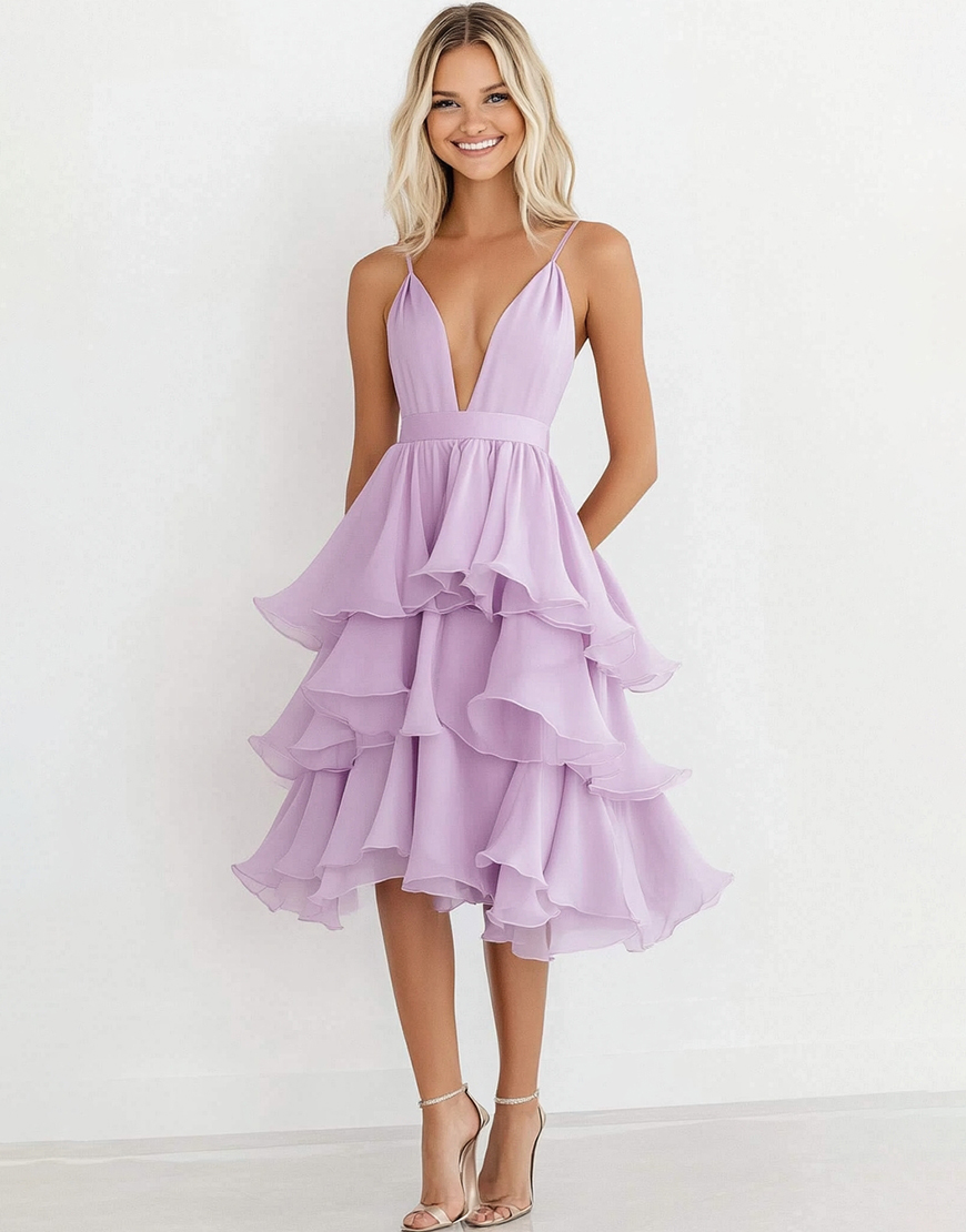 Lilac Chiffon Tiered Knee-Length Wedding Guest Dress