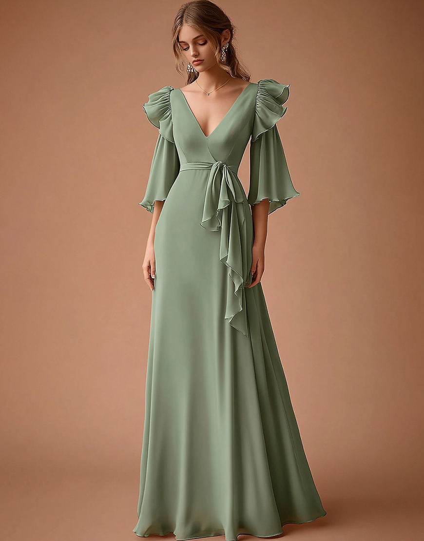 Dusty Sage A Line Chiffon Ruffled Long Wedding Guest Dress with Sash