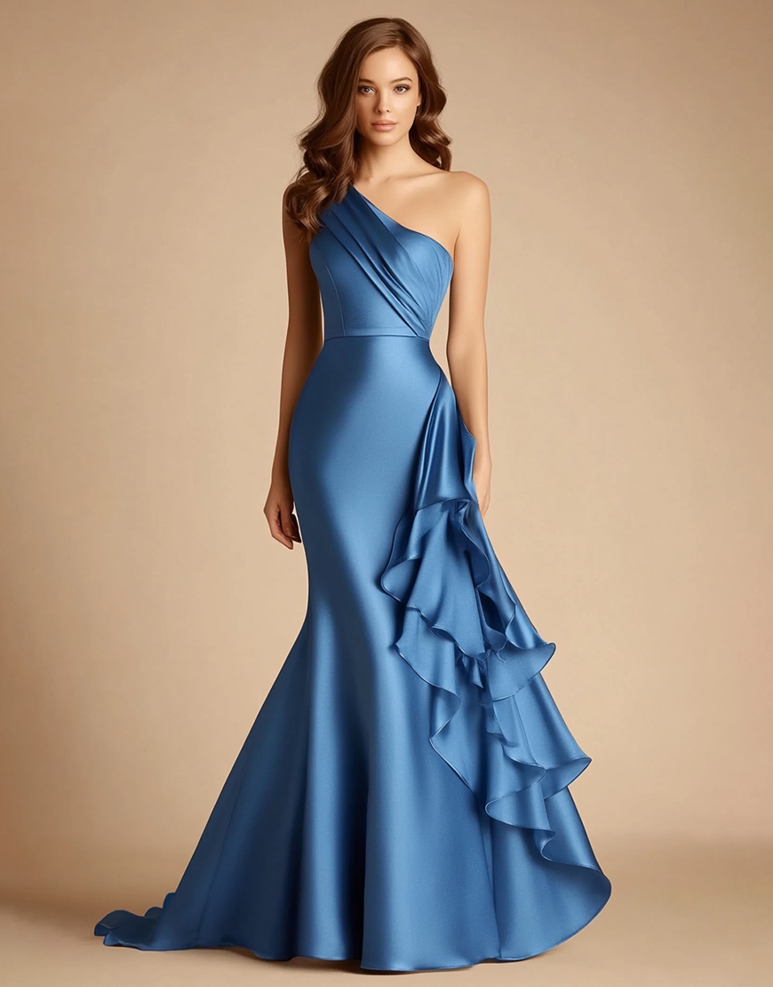 Blue Satin Mermaid One Shoulder Long Wedding Guest Dress with Ruffles