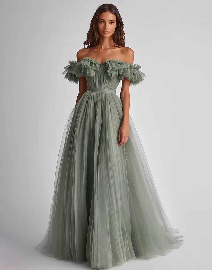 Dusty Sage Off the Shoulder Tulle Long Wedding Guest Dress with Ruffles