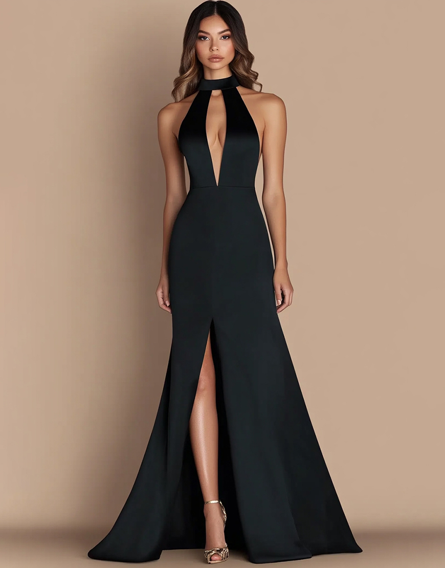 Simple Halter Satin Keyhole Long Black Tie Dress with Slit
