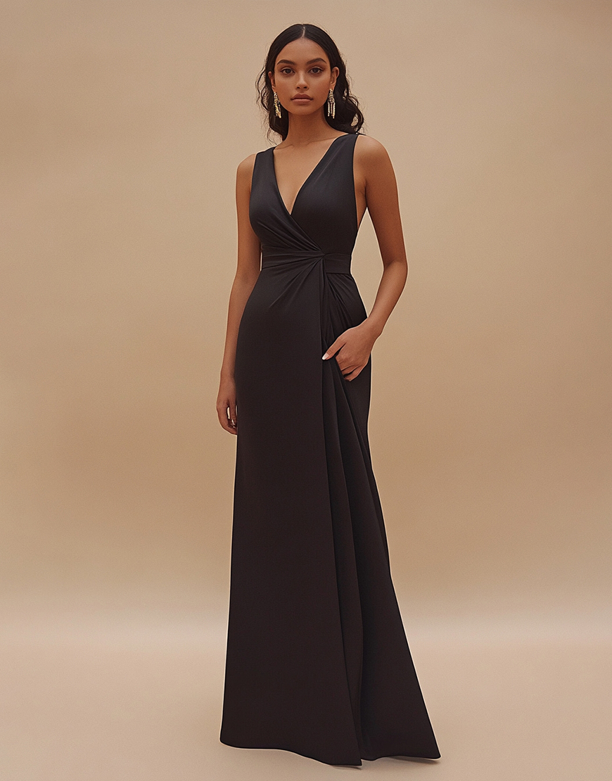 Satin V-Neck Long Satin Black Tie Dress