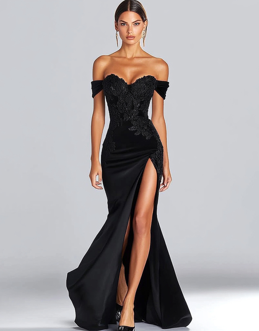 Off the Shoulder Appliqued Long Satin Black Tie Dress with Slit