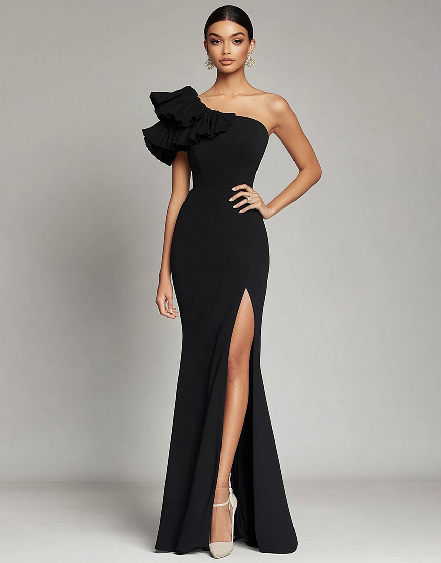 One Shoulder Ruffled Long Satin Black Tie Dress with Slit