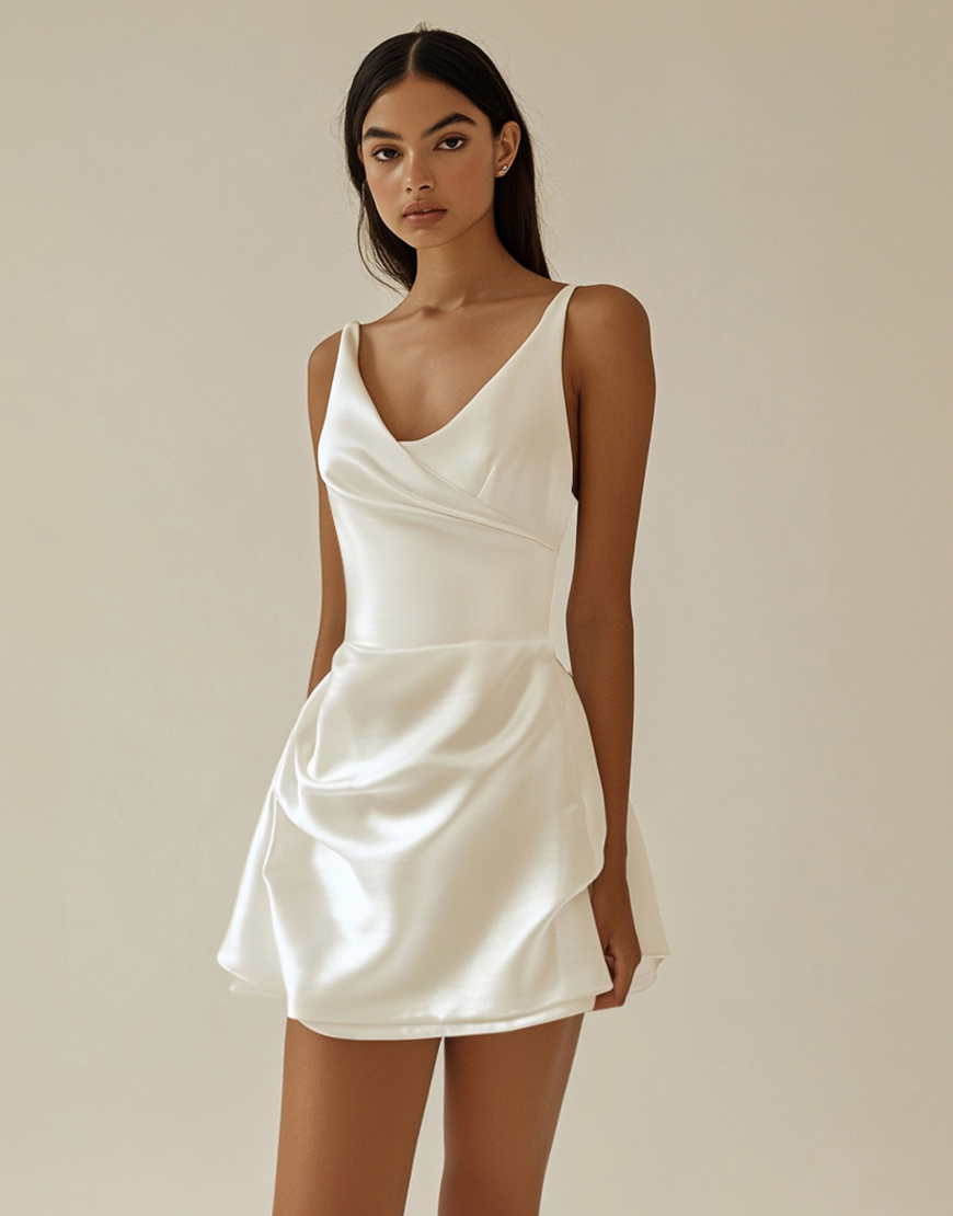 Sheath V Neck Satin Little White Graduation Dress