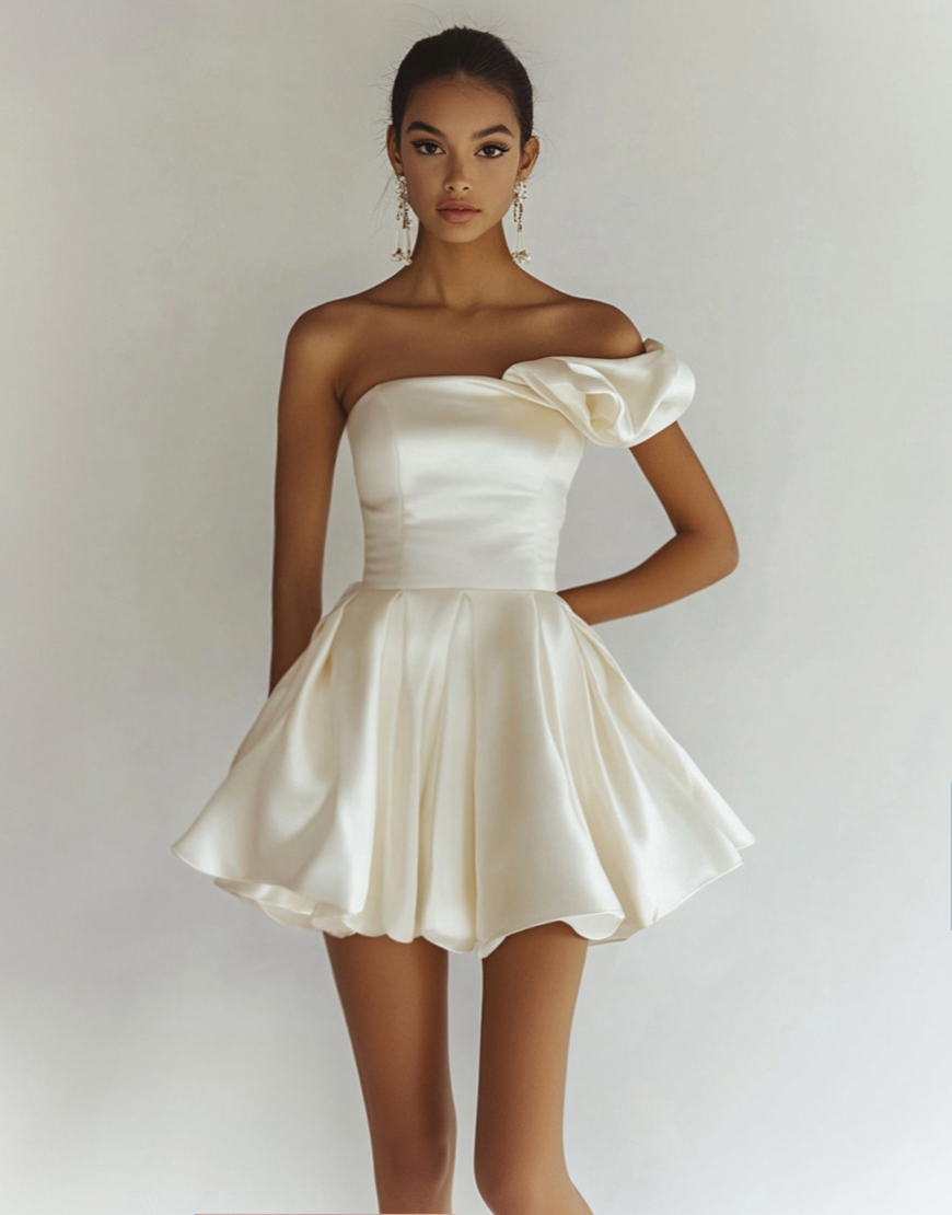 White A Line Satin One Shoulder Ruffle Short Graduation Dress