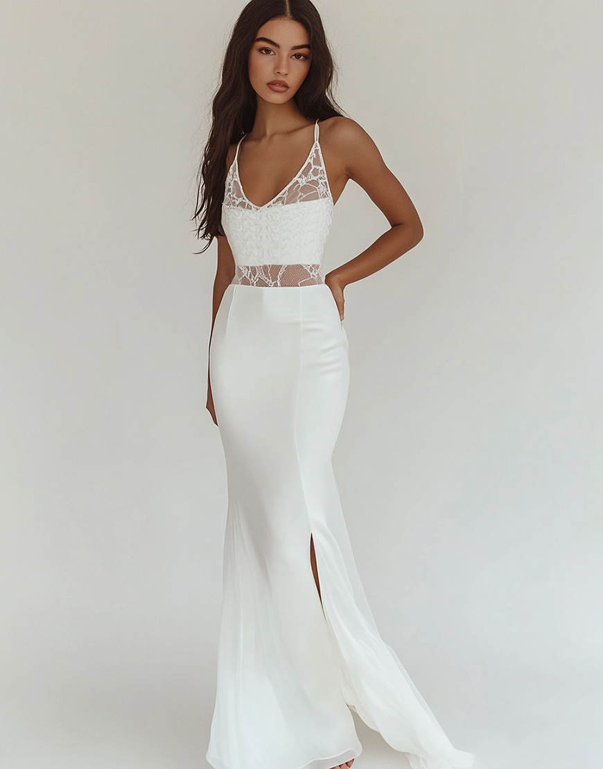 White Mermaid Satin V-Neck Laced Satin Long Graduation Dress with Slit