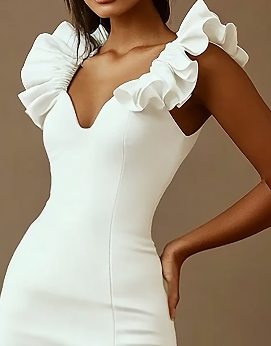 White Sheath Ruffles Neck Satin Short Graduation Dress