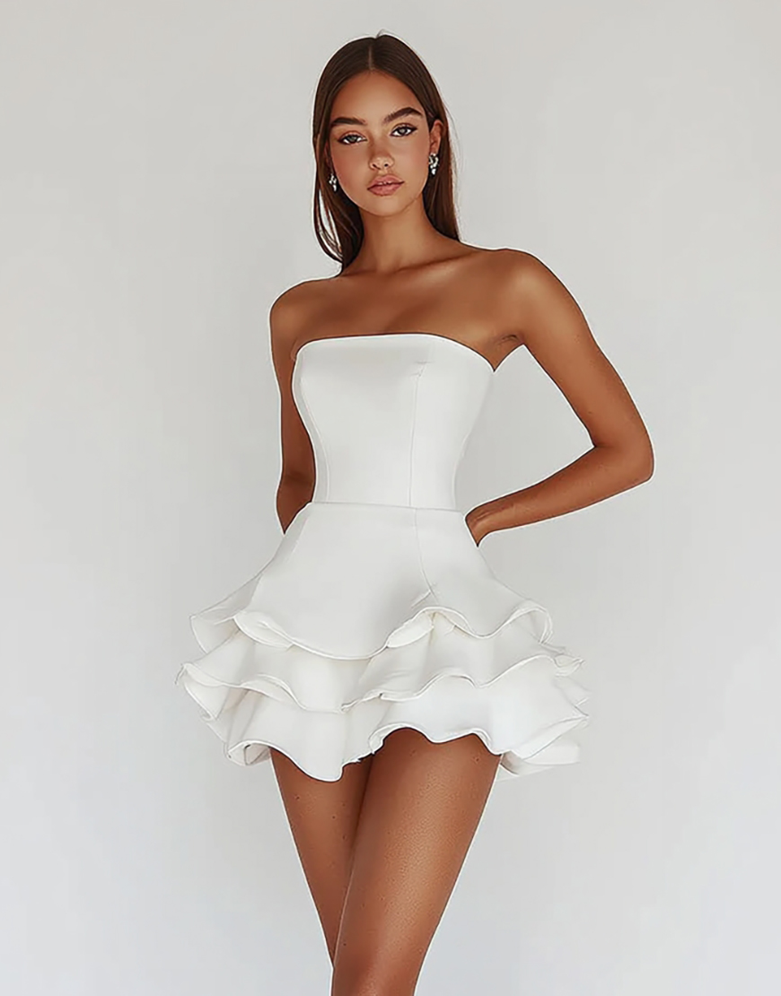 Satin A Line Strapless Little White Graduation Dress with Ruffles