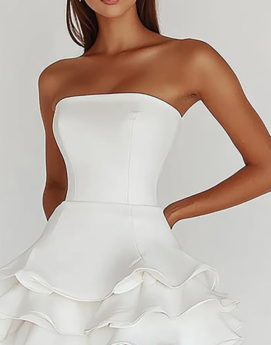 Satin A Line Strapless Little White Graduation Dress with Ruffles