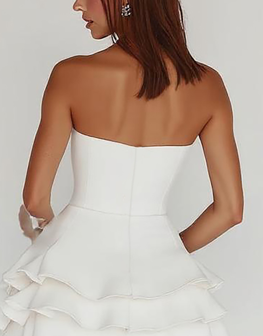 Satin A Line Strapless Little White Graduation Dress with Ruffles