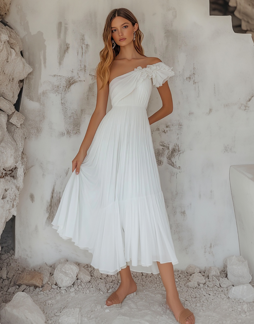 White A-Line Ruffle One Shoulder Pleating Long Graduation Dress