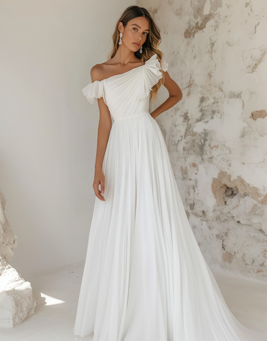 Elegant White Tulle A Line Ruffled One Shoulder Long Graduation Dress