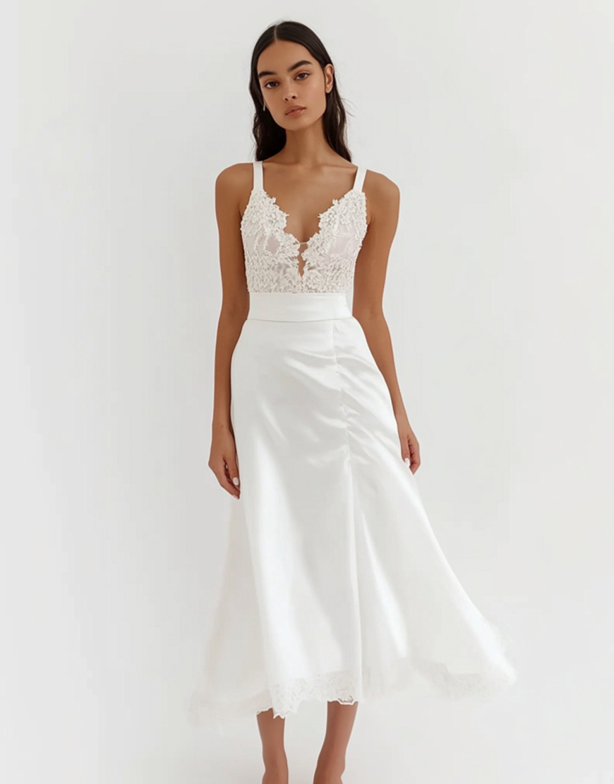 White Satin A Line Spaghetti Straps Ruffle Long Graduation Dress with Lace