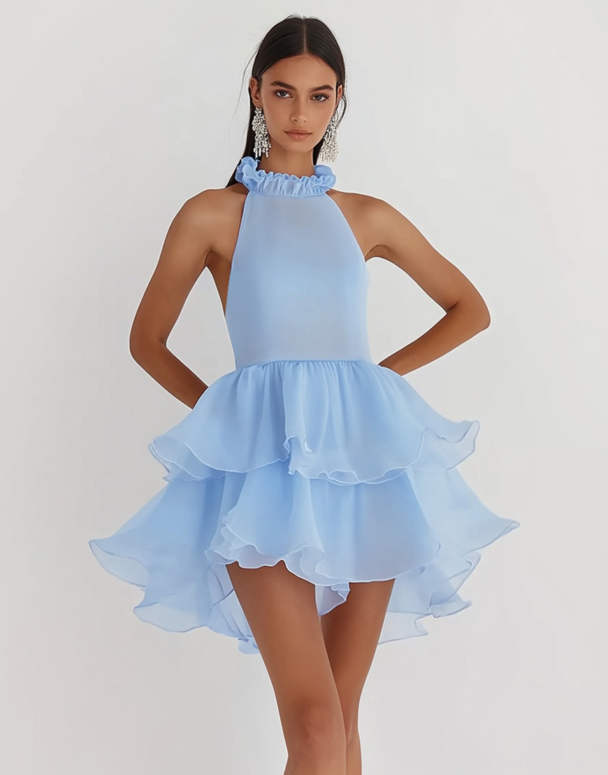 Sky Blue A-Line Halter Ruffles Tulle Short Graduation Dress