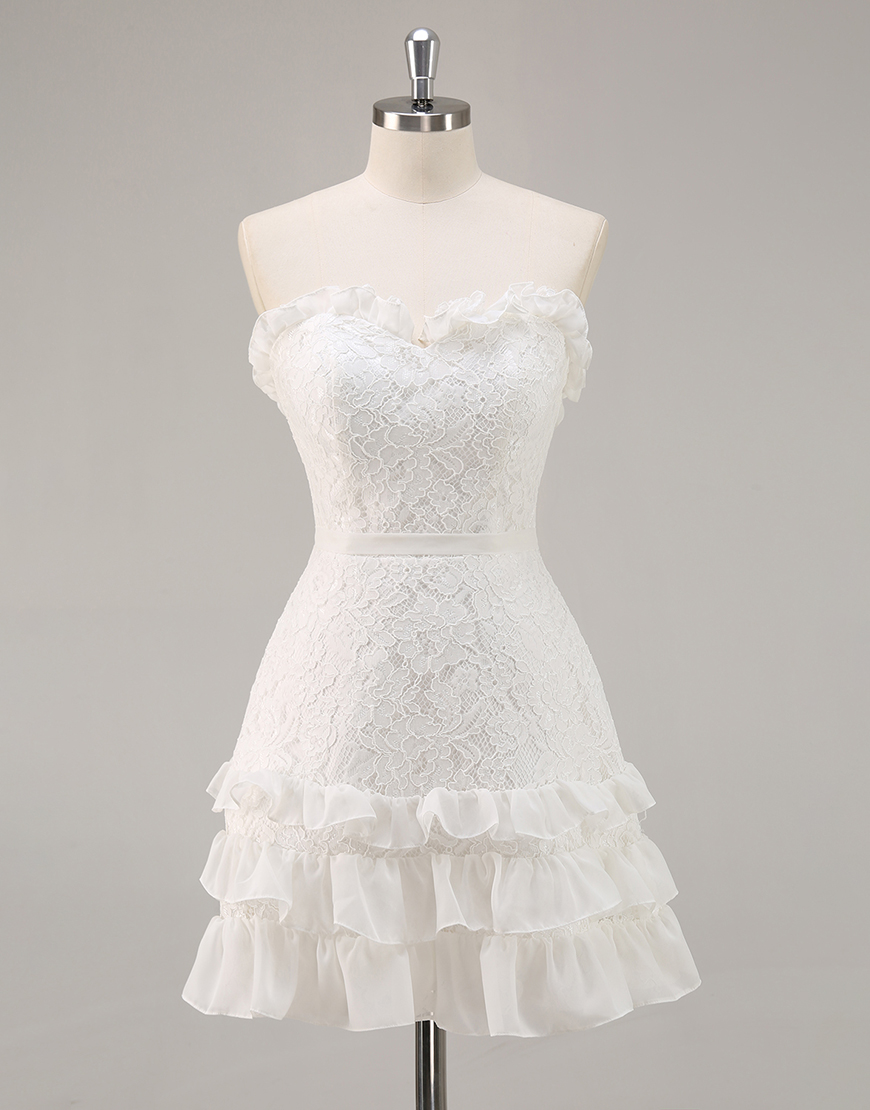 White Lace A Line Strapless Ruffle Short Graduation Dress