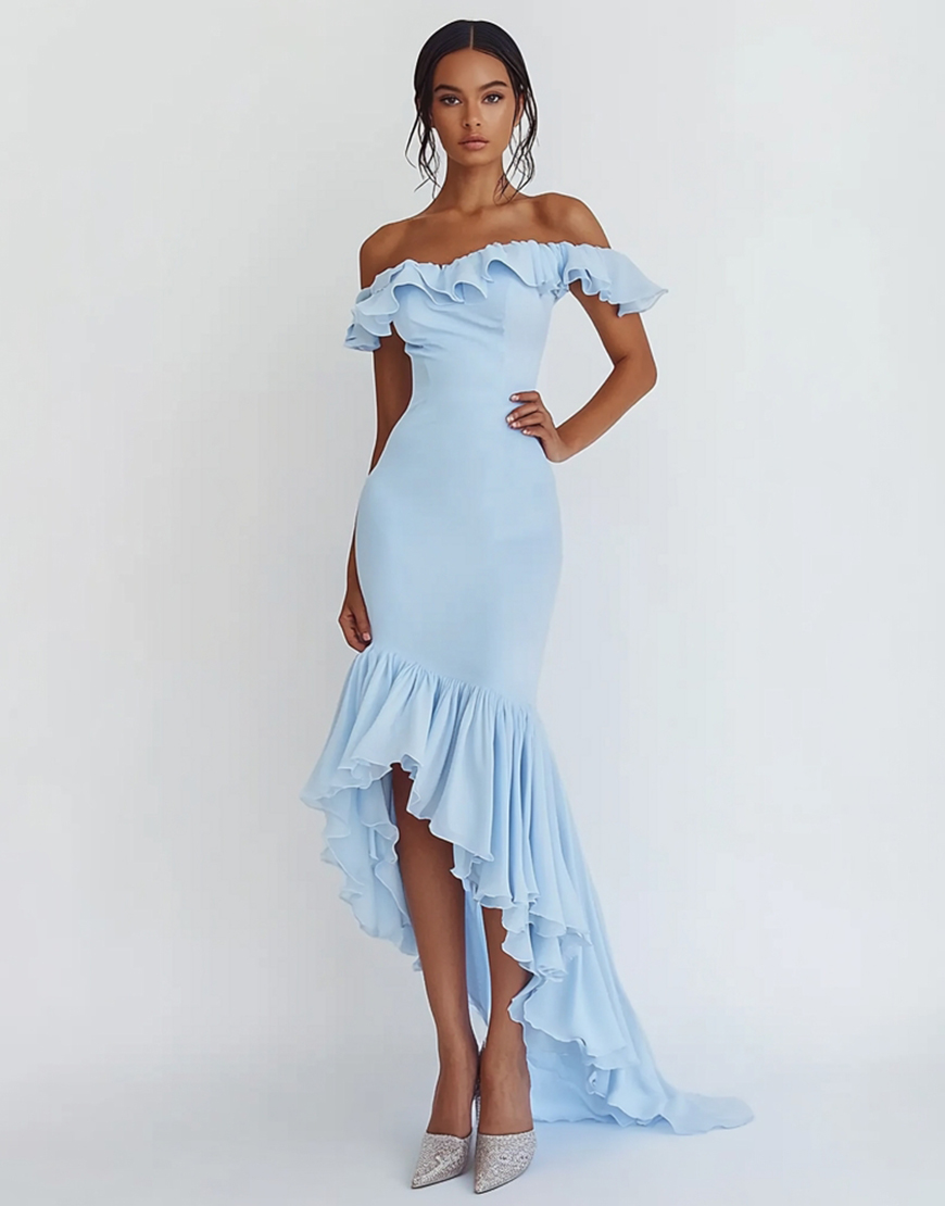 Sky Blue Mermaid Ruffle Off the Shoulder High Low Long Graduation Dress