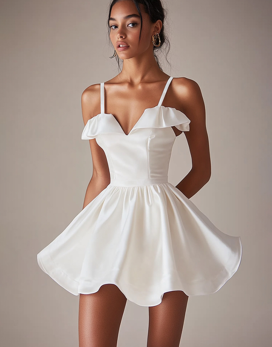 Satin A Line Spaghetti Straps Ruffle Little White Graduation Dress