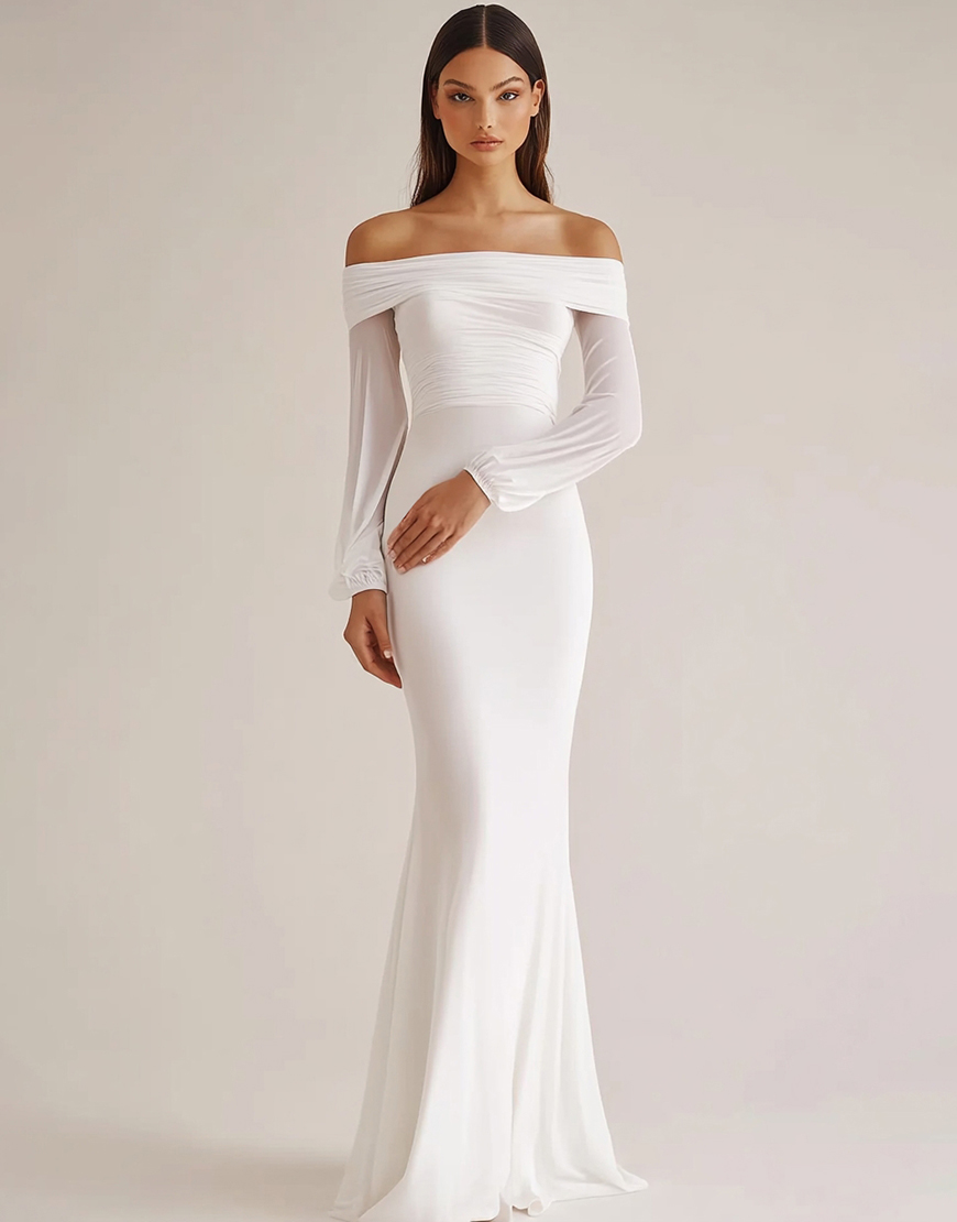 White Sheath Off the Shoulder Sleeves Long Graduation Dress