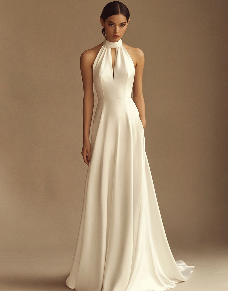 White A-Line Halter Sleeveless Satin Long Graduation Dress