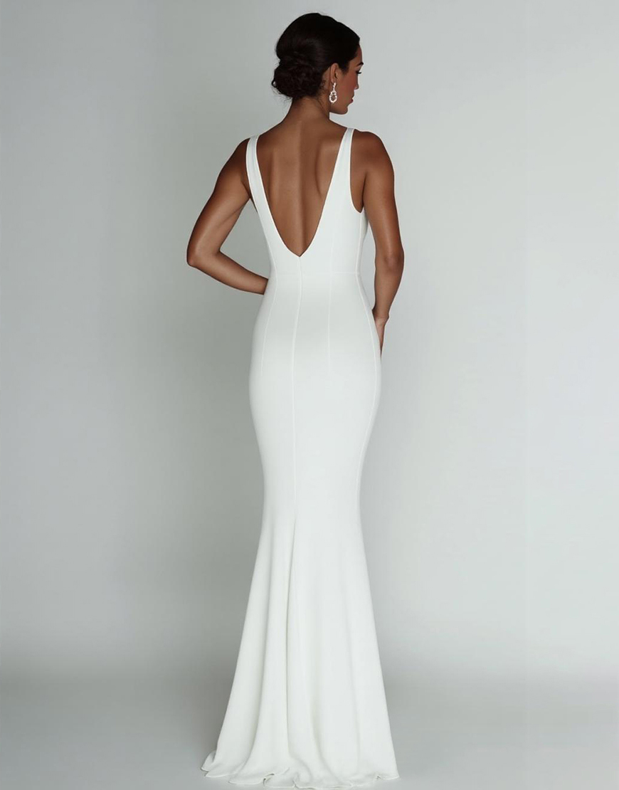 White Sheath Deep V Neck Satin Long Graduation Dress