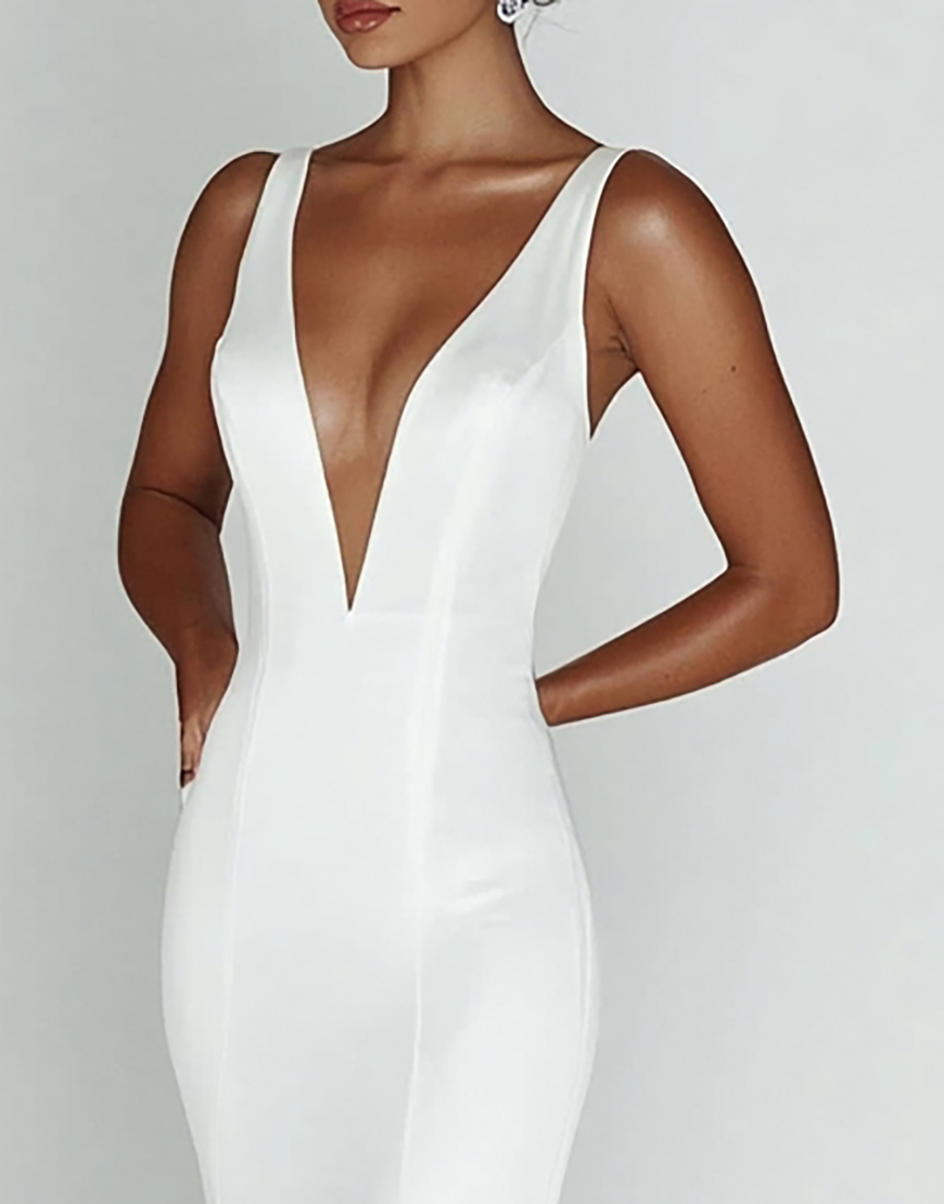 White Sheath Deep V Neck Satin Long Graduation Dress