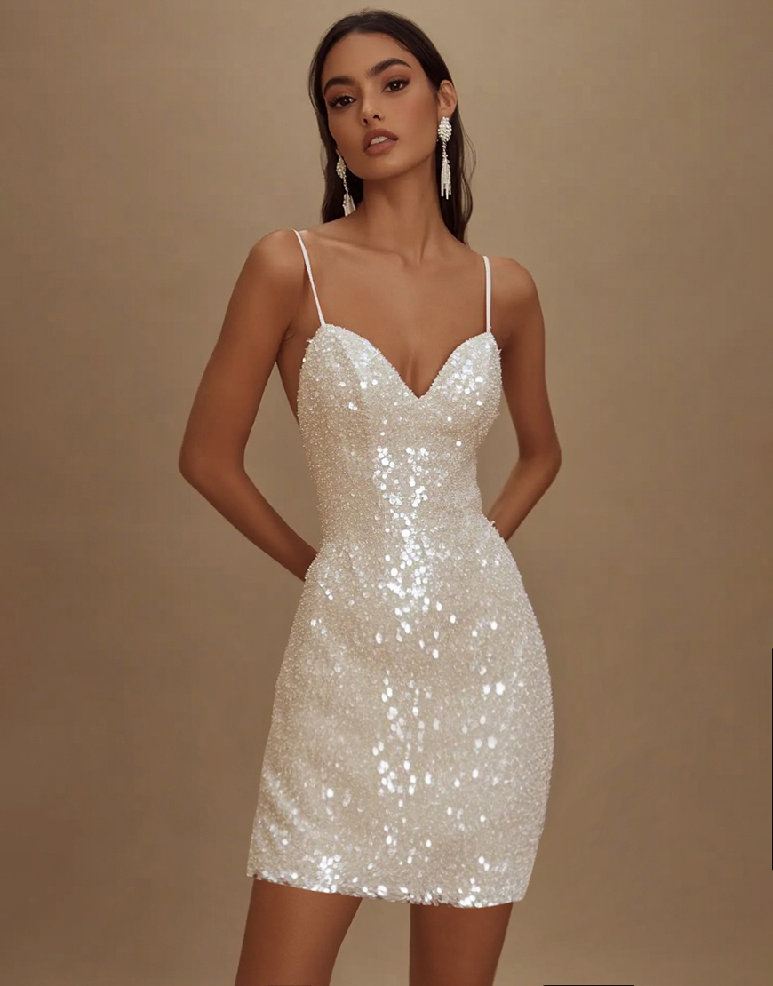 Sequins Bodycon A-Line Spaghetti Straps Little White Graduation Dress