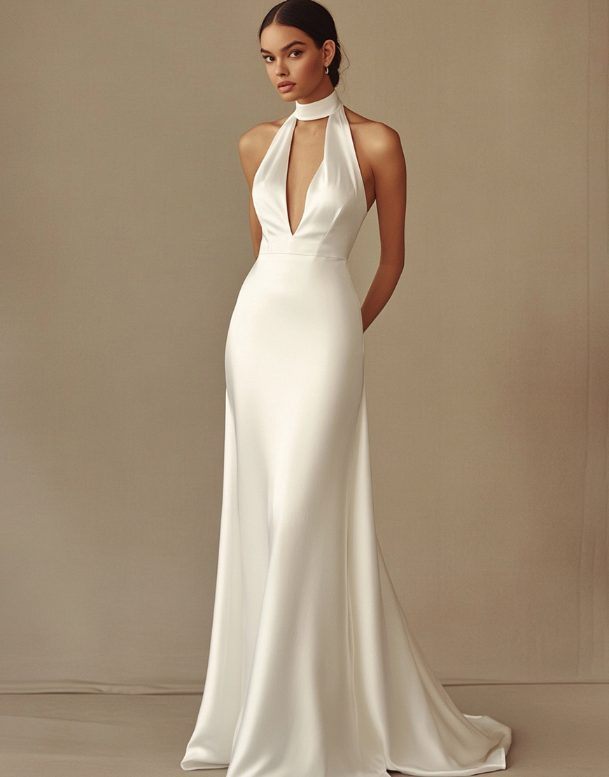 White Satin Sheath Halter Long Graduation Dress