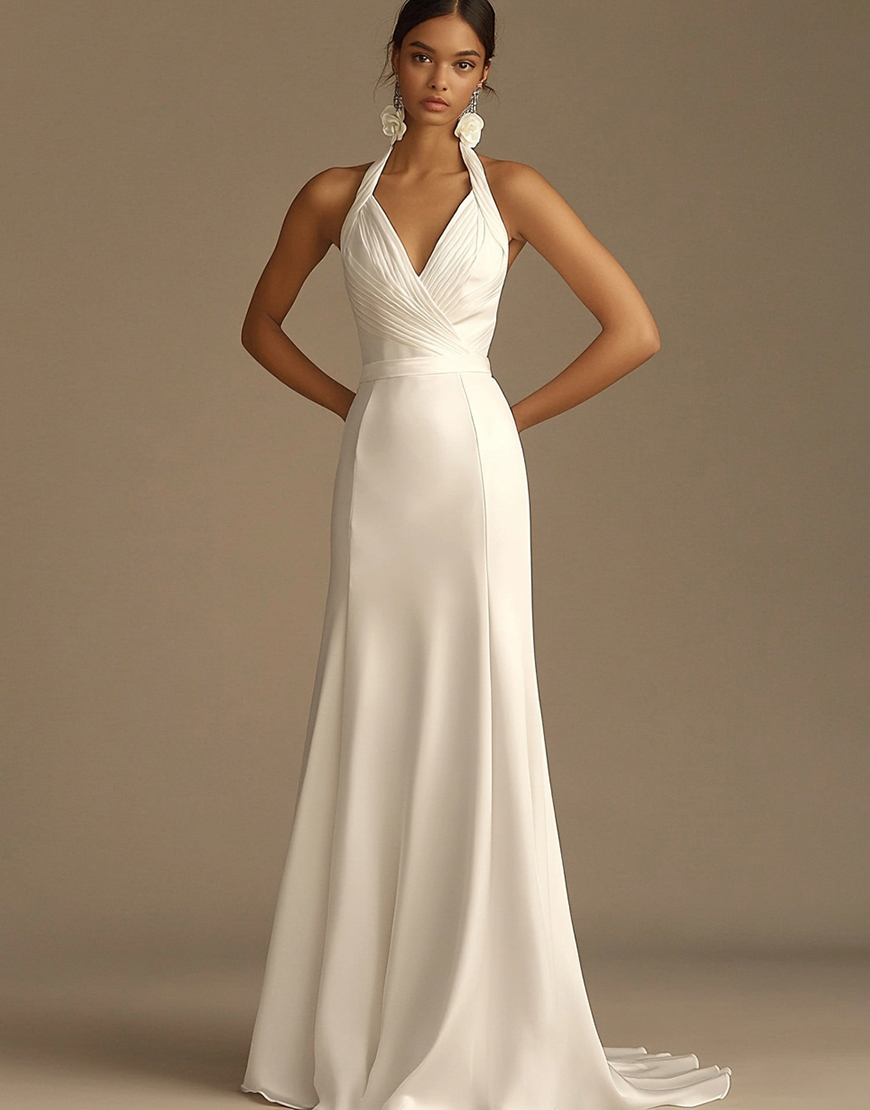 White Halter Sheath Satin Ruched Long Graduation Dress