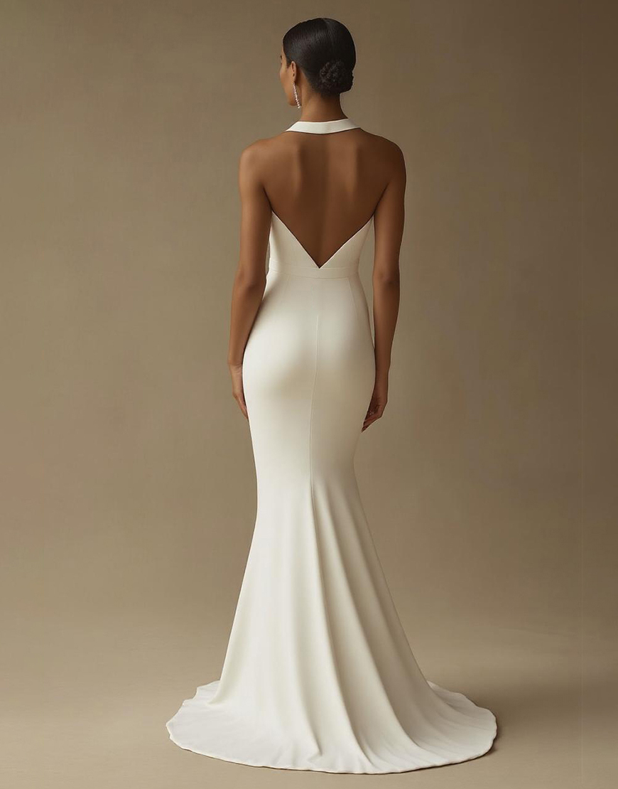 White Mermaid Keyhole Halter Satin Long Graduation Dress with Slit