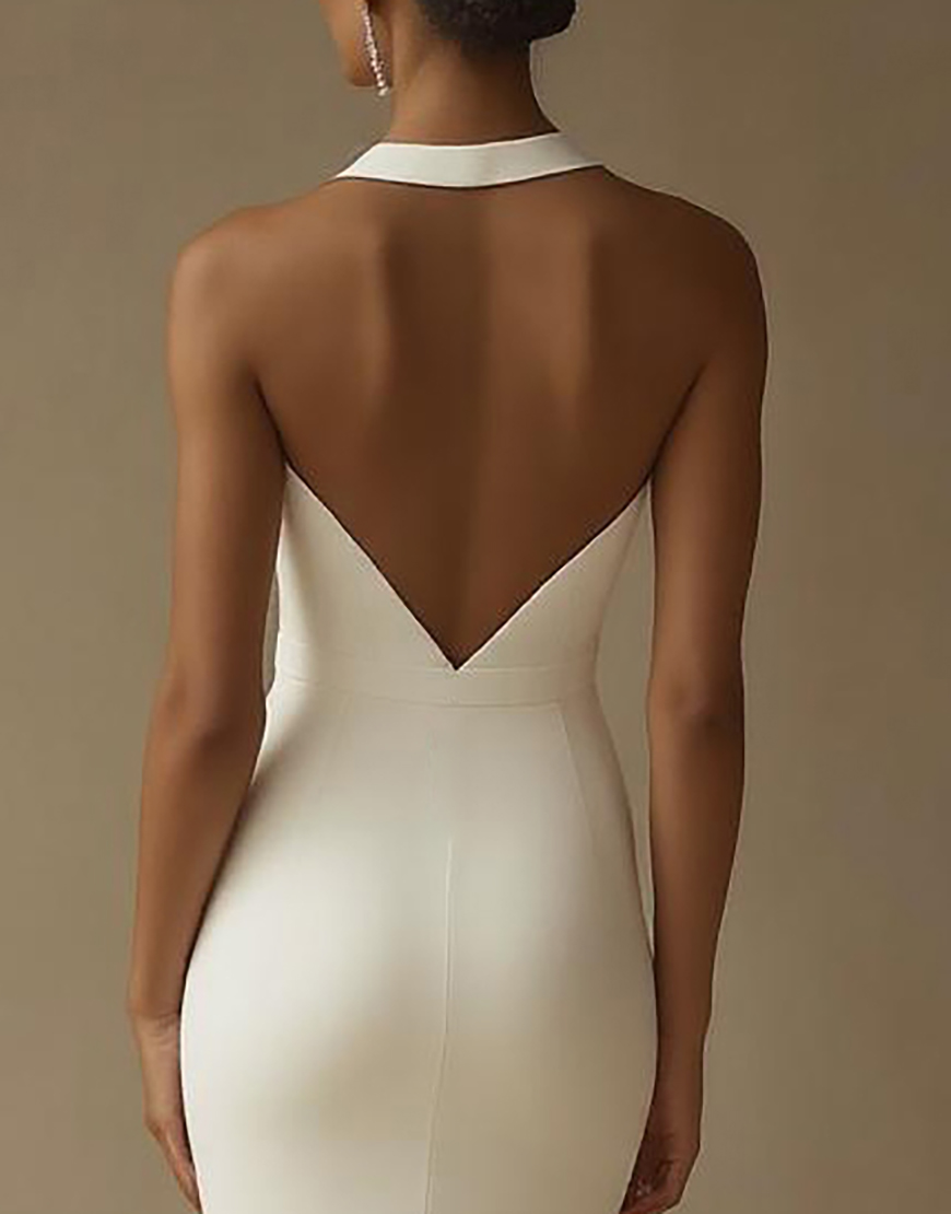 White Mermaid Keyhole Halter Satin Long Graduation Dress with Slit