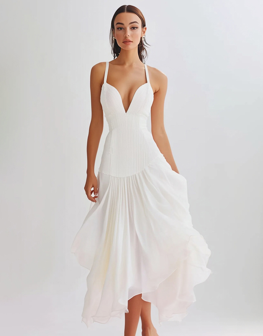 White A-Line Spaghetti Straps Pleating Long Graduation Dress