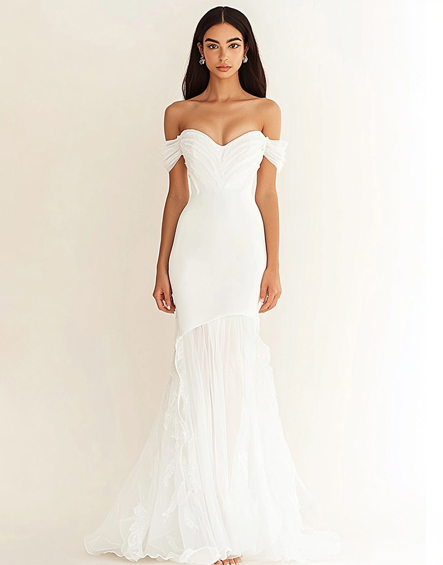 White Off the Shoulder Mermaid Pleating Long Graduation Dress