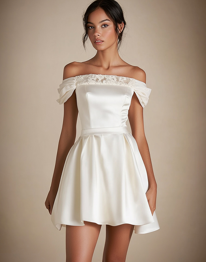 A-Line Laced Off the Shoulder Satin Little White Graduation Dress