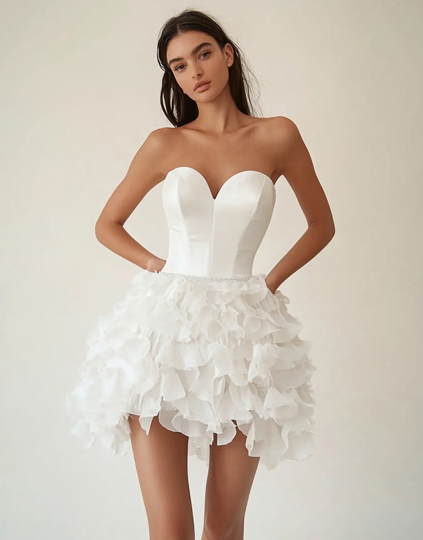 A-Line Satin Strapless Ruffles Little White Graduation Dress