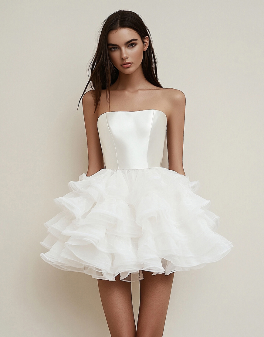 Puffy A-Line Strapless Ruffles Tulle Little White Graduation Dress