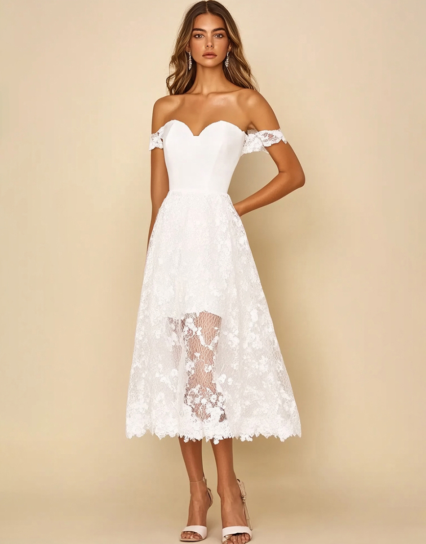 A-Line Off the Shoulder Lace Tea Length Little White Graduation Dress