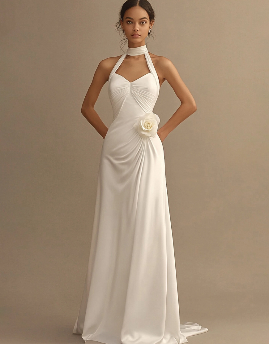 White Sheath Halter Satin Long Graduation Dress with 3D Flower