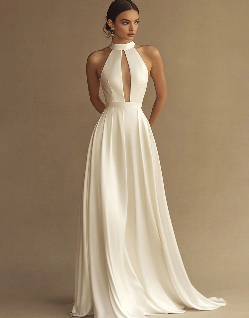 White A Line High Neck Keyhole Satin Long Graduation Dress