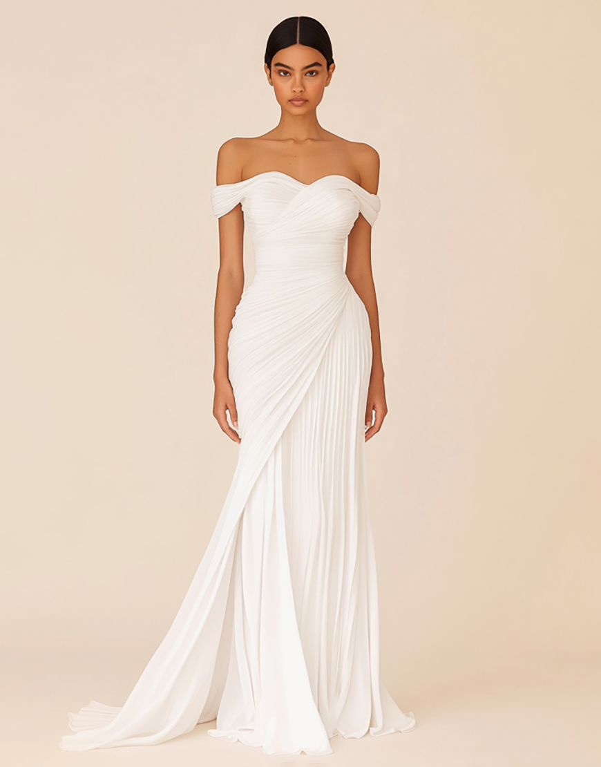 White Mermaid Off the Shoulder Ruched Long Graduation Dress