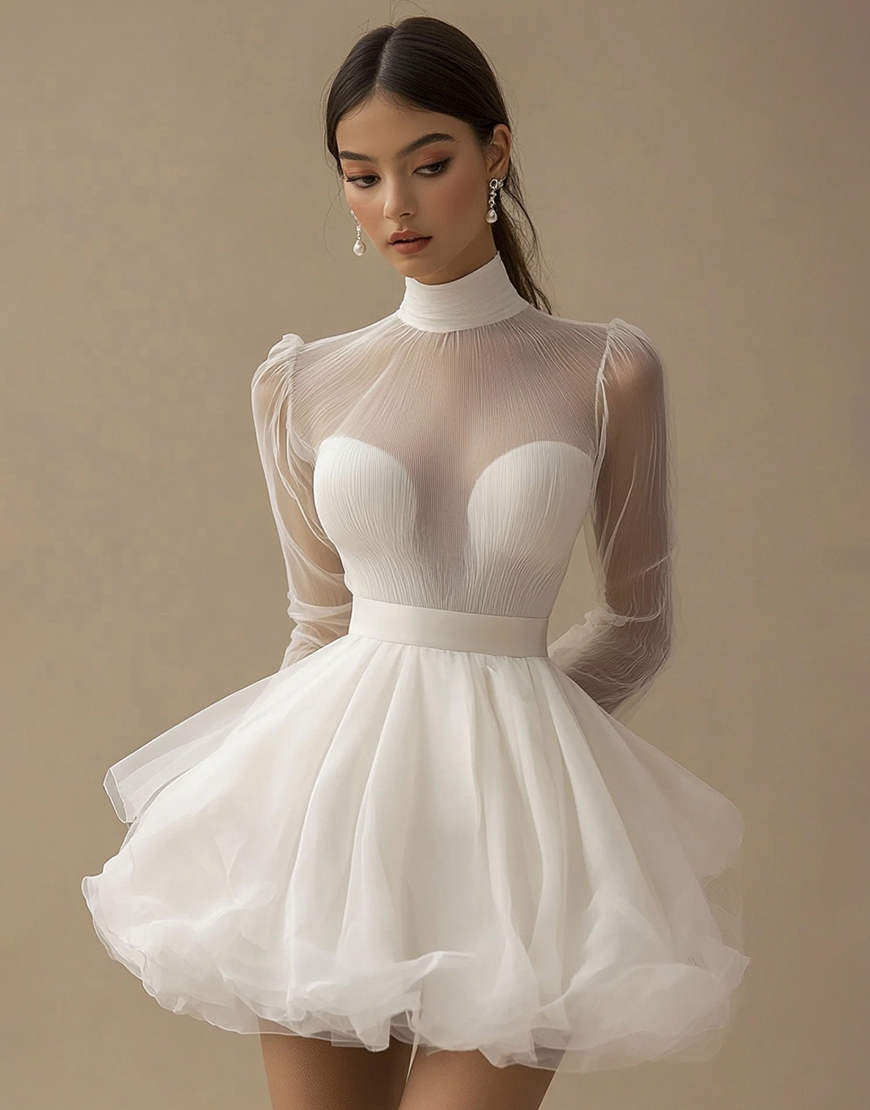 Princess A-Line High Neck Long Sleeves Tulle Little White Graduation Dress