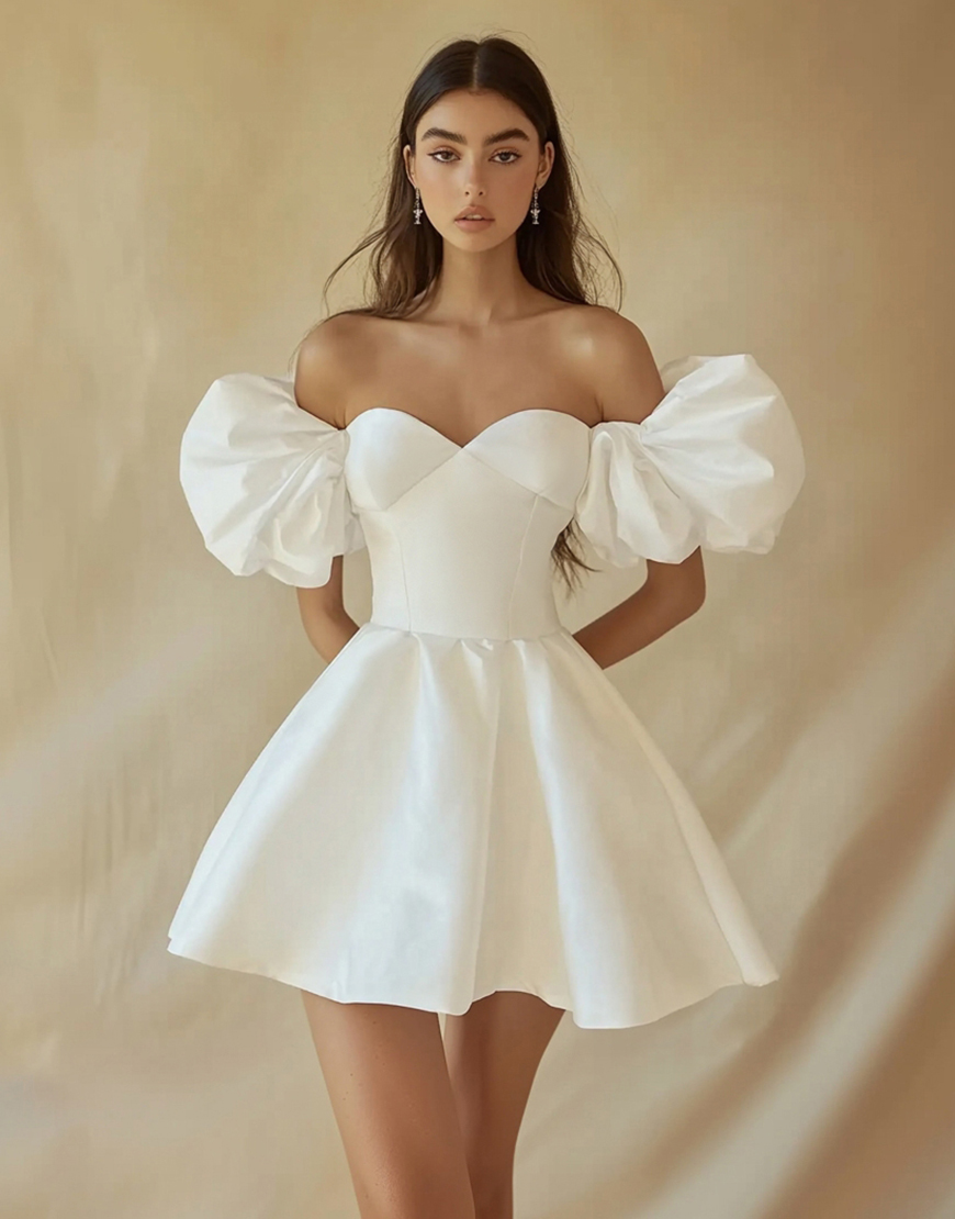 A-Line Off the Shoulder Puff Sleeves Satin Little White Graduation Dress