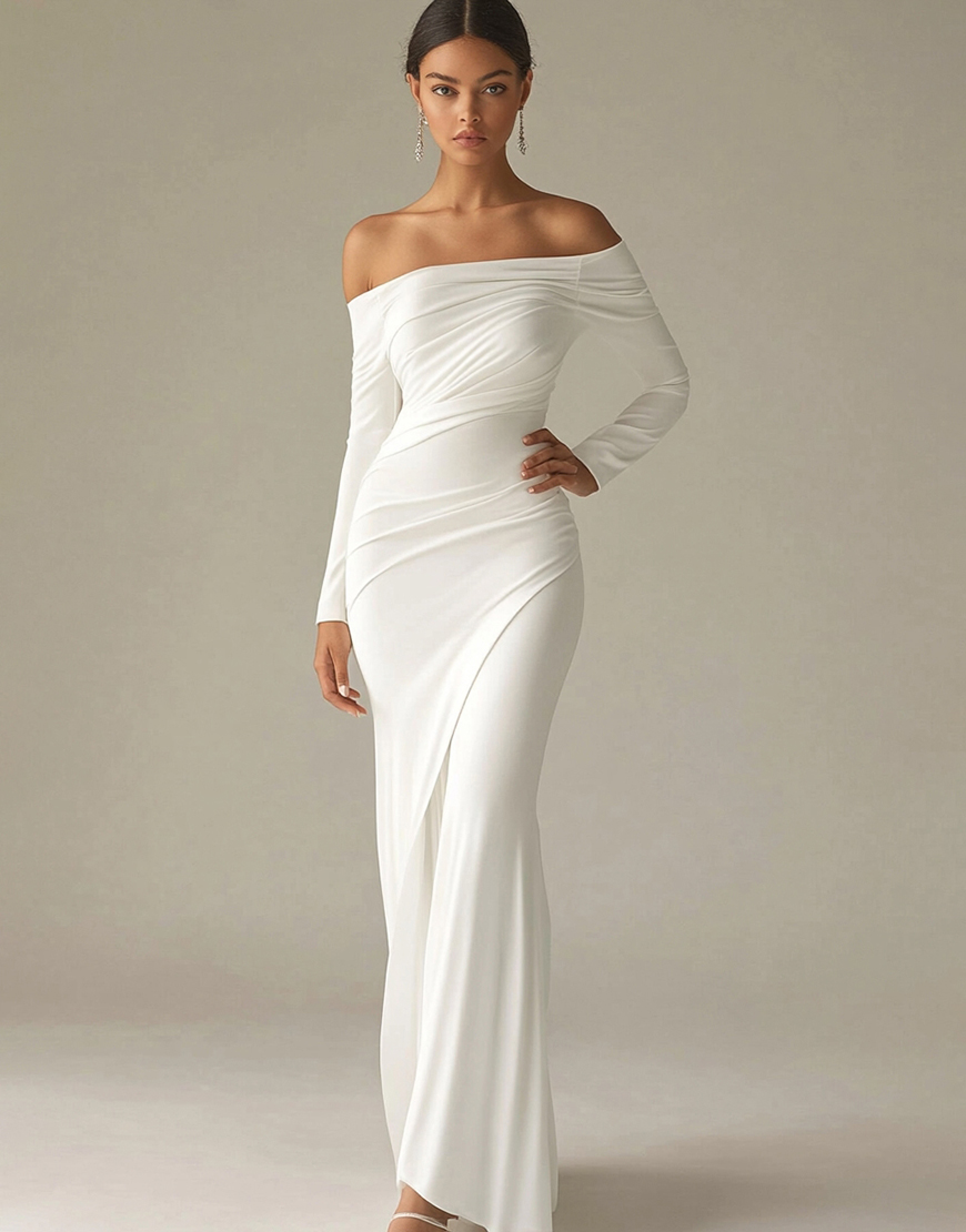 White Sheath Off the Shoulder Sleeves Satin Ruched Long Graduation Dress