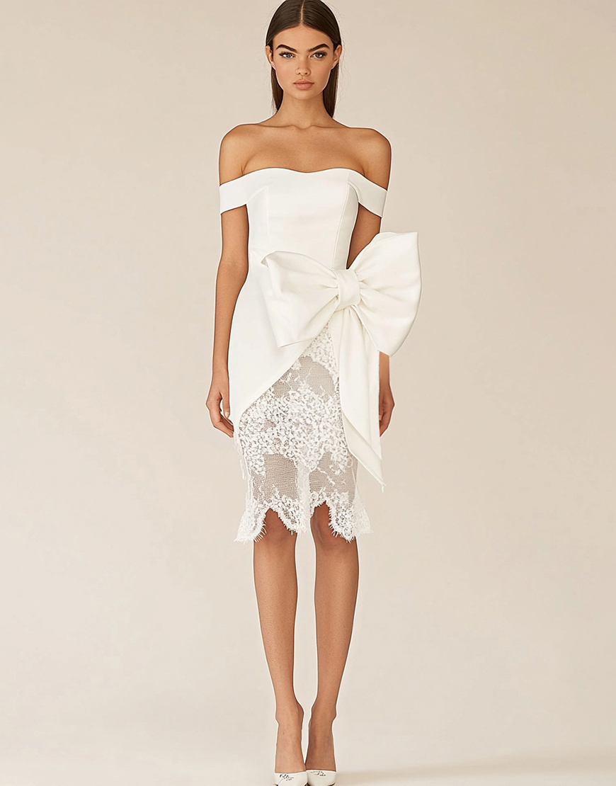 Sheath Off the Shoulder Satin Lace Little White Graduation Dress with Bow